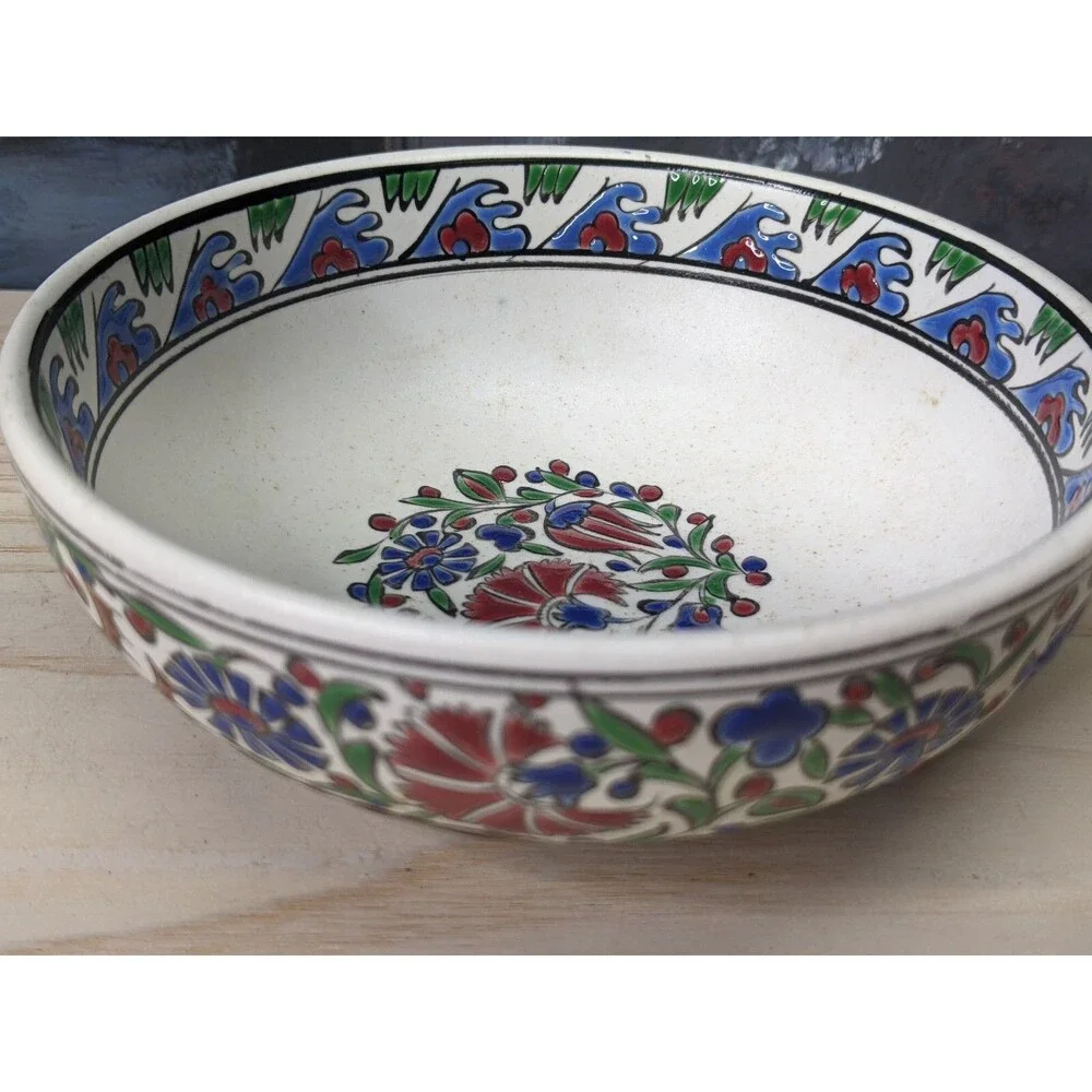 Hand painted Signed Small Turkish Bowl Red Green Floral Deer Trinkets Jewelry